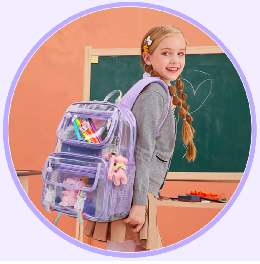 Maod Clear Backpack for Girls Cute Transparent Heavy Duty Kids School Book Bags, Purple, Medium, Clear Backpack